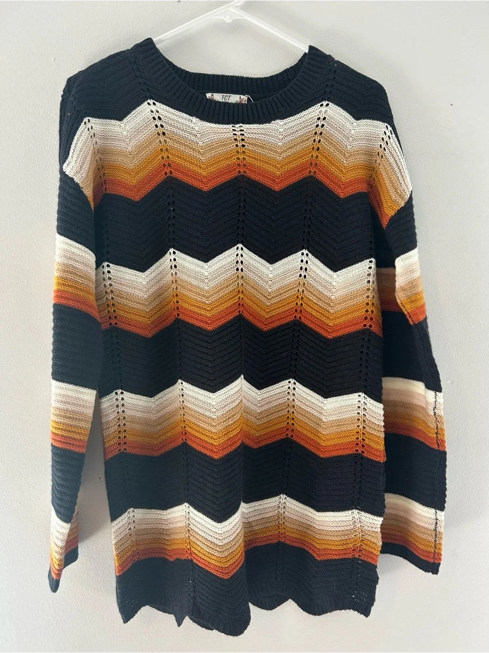 FCT With Love Boho Chevron Striped Knit Sweater Rust Mustard Black L